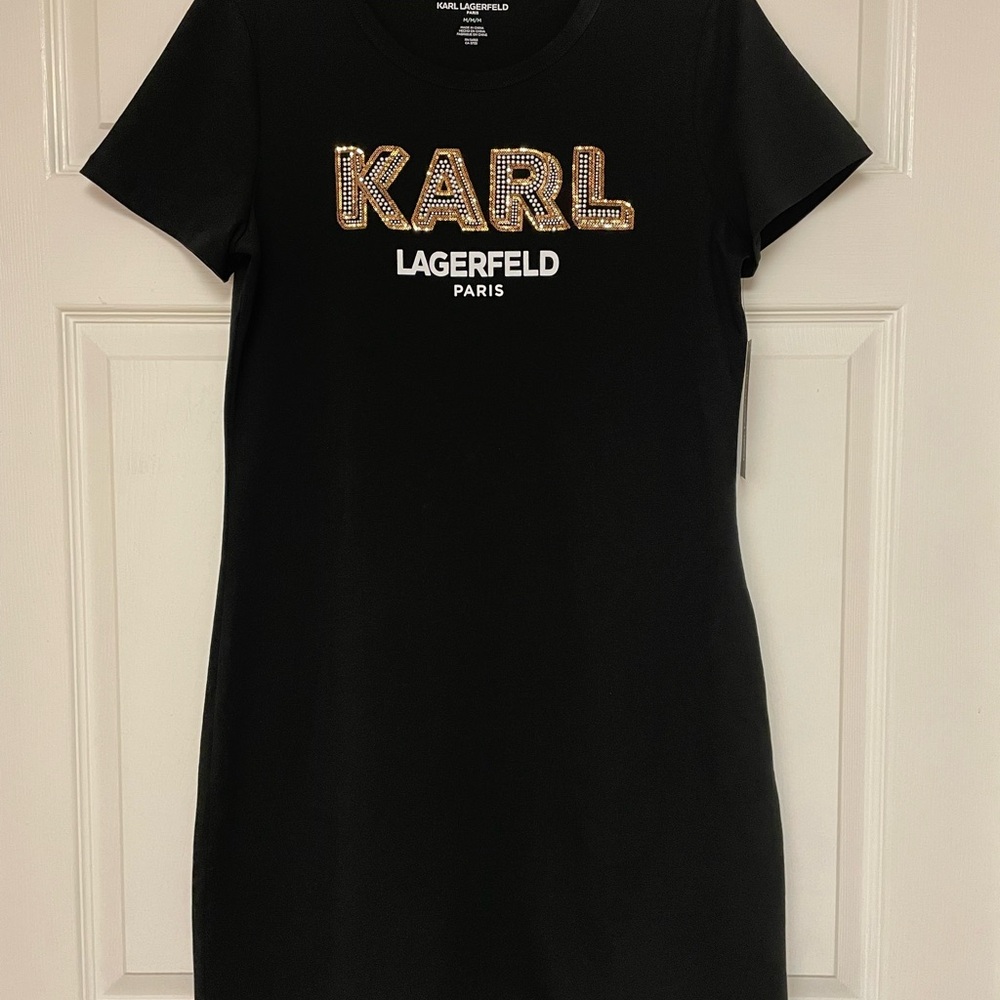 Karl Lagerfeld Black Dress with Gold Sequin Accents NWT